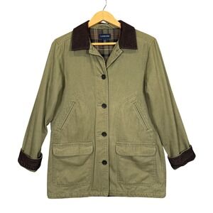 Lands End Barn Jacket Women S Olive Green Corduroy Trim Cotton Canvas Field Coat